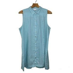 J. Jill Love Linen pastel blue tunic/dress.Sleeveless,full iridescent button. LT